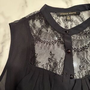 Cynthia Steffe Black Ruffle Button Up, Lace Back, Sleeveless, Size 6